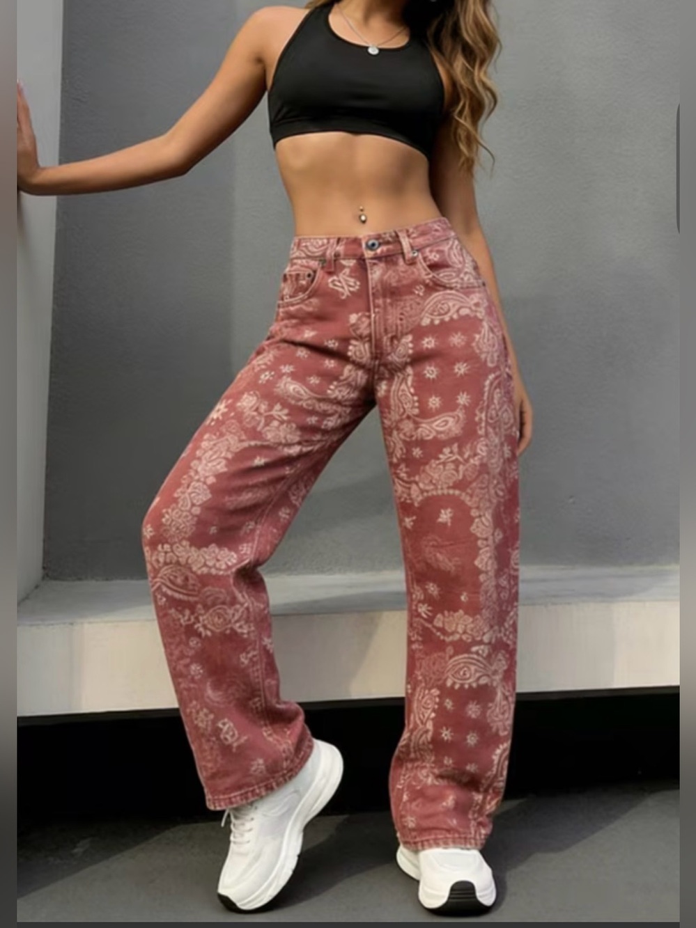 Wide-Leg Patchwork Print Pants - Rust - Picture 3 of 5